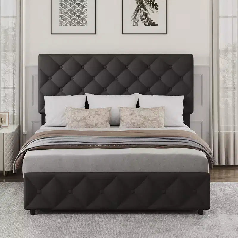 Modern Upholstered Bed Frame with Footboard, Adjustable Headboard, 4 Drawers Wooden and Slats Support