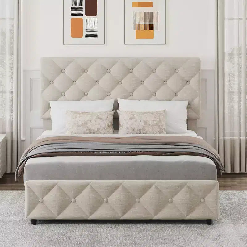 Modern Upholstered Bed Frame with Footboard, Adjustable Headboard, 4 Drawers Wooden and Slats Support