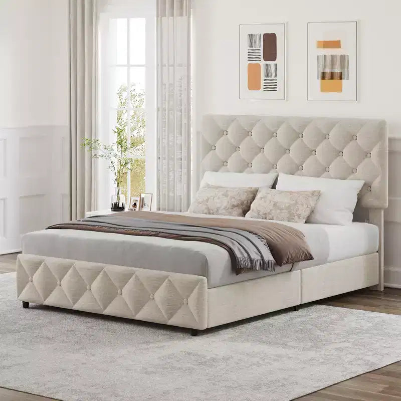 Modern Upholstered Bed Frame with Footboard, Adjustable Headboard, 4 Drawers Wooden and Slats Support