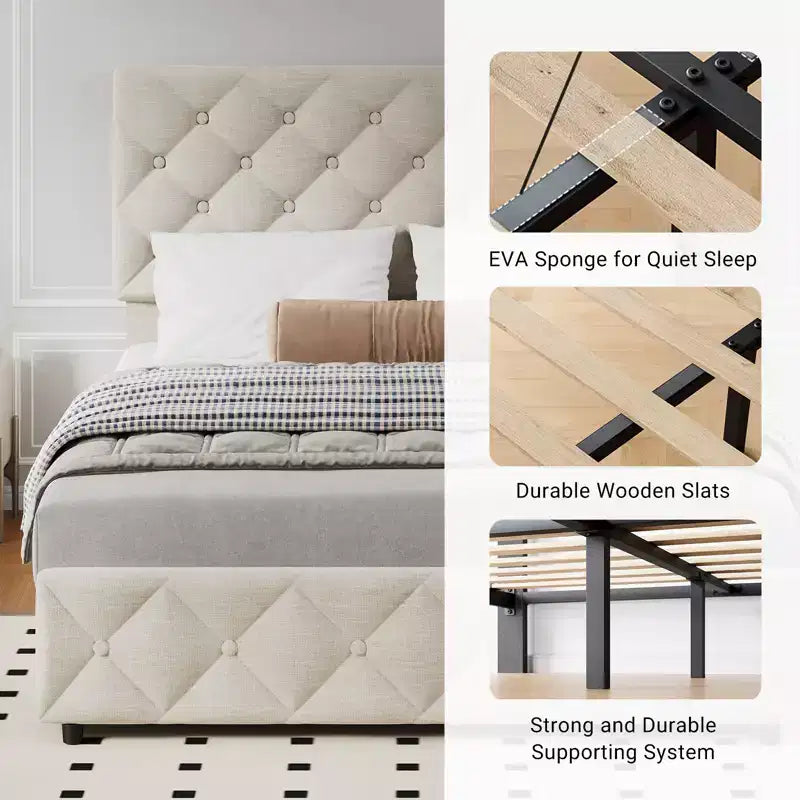 Modern Upholstered Bed Frame with Footboard, Adjustable Headboard, 4 Drawers Wooden and Slats Support