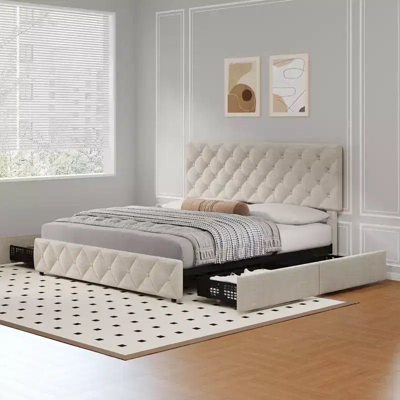 Modern Upholstered Bed Frame with Footboard, Adjustable Headboard, 4 Drawers Wooden and Slats Support