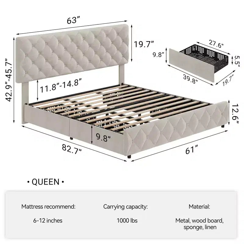 Modern Upholstered Bed Frame with Footboard, Adjustable Headboard, 4 Drawers Wooden and Slats Support