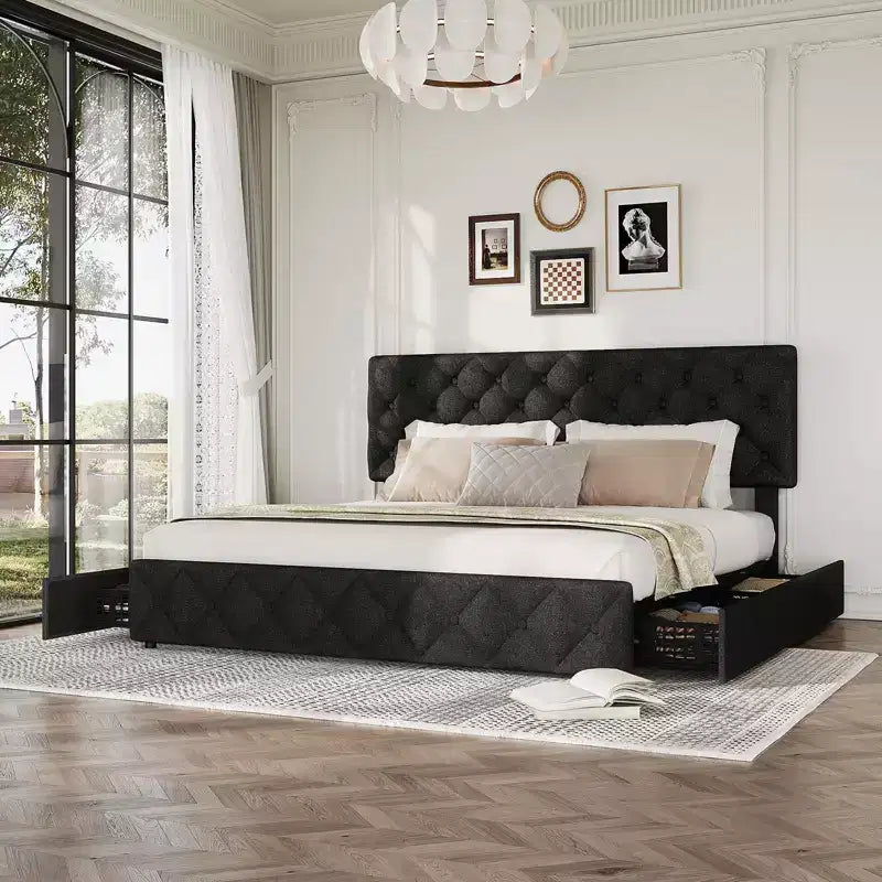 Modern Upholstered Bed Frame with Footboard, Adjustable Headboard, 4 Drawers Wooden and Slats Support