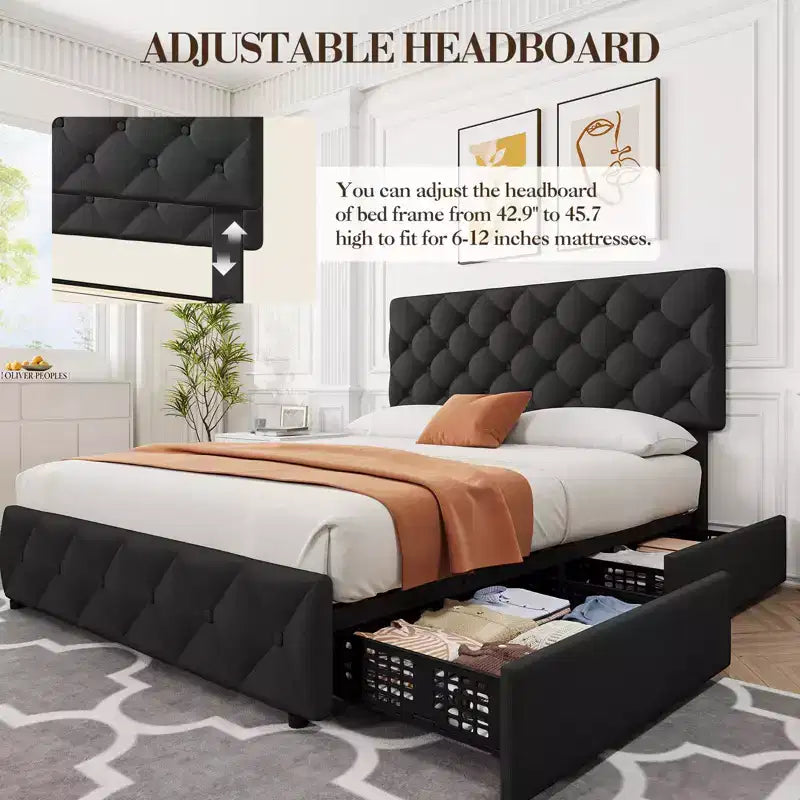 Modern Upholstered Bed Frame with Footboard, Adjustable Headboard, 4 Drawers Wooden and Slats Support