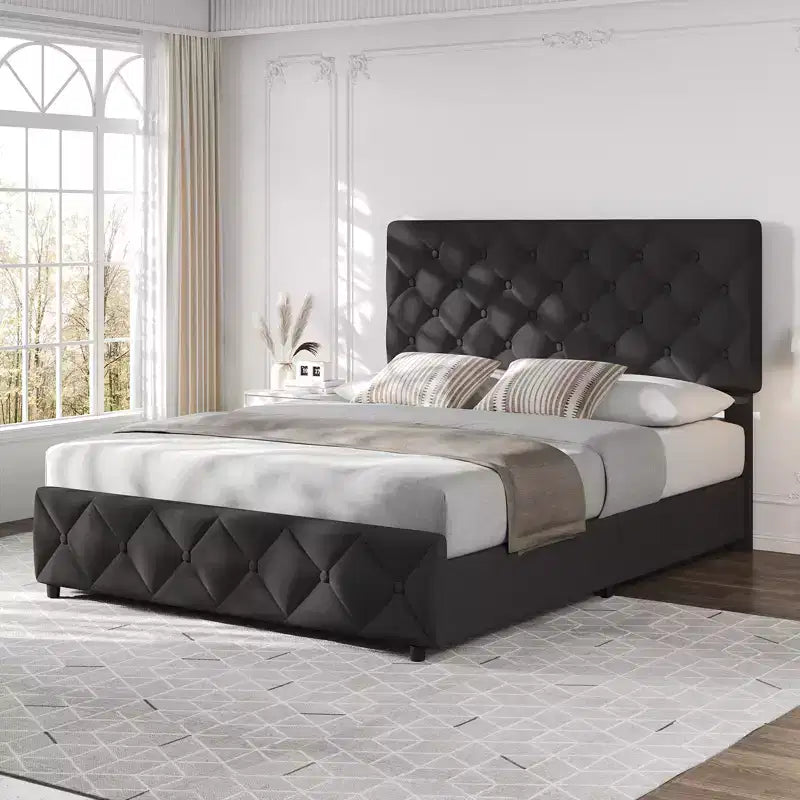 Modern Upholstered Bed Frame with Footboard, Adjustable Headboard, 4 Drawers Wooden and Slats Support