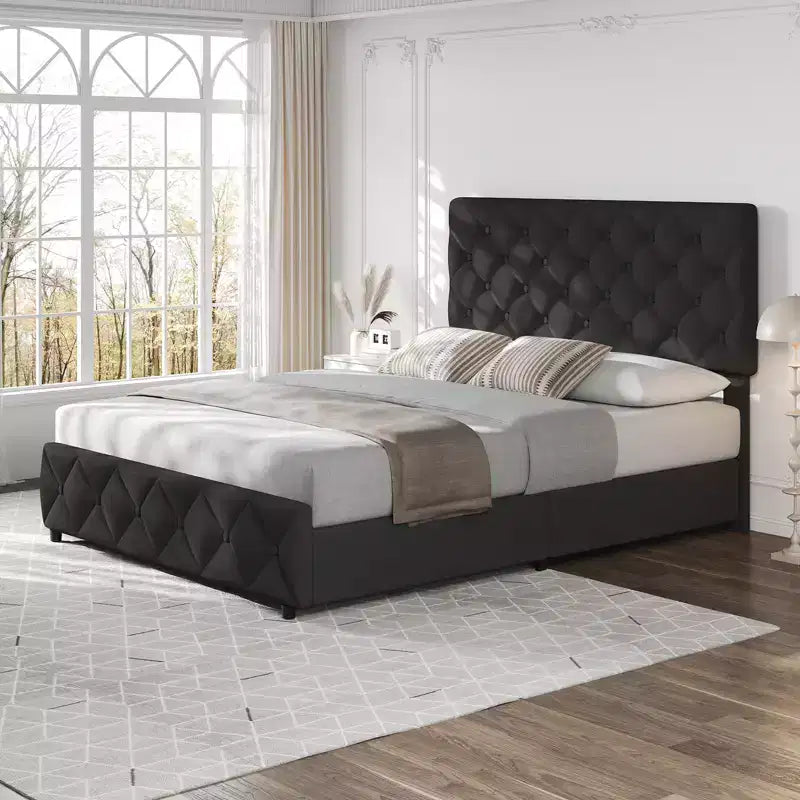 Modern Upholstered Bed Frame with Footboard, Adjustable Headboard, 4 Drawers Wooden and Slats Support