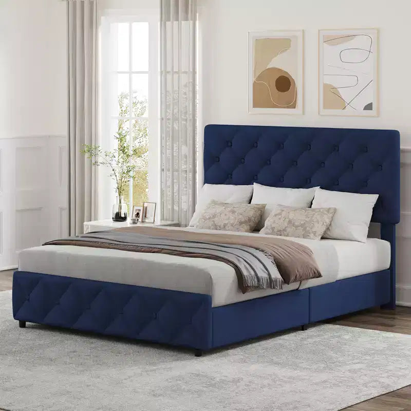 Modern Upholstered Bed Frame with Footboard, Adjustable Headboard, 4 Drawers Wooden and Slats Support