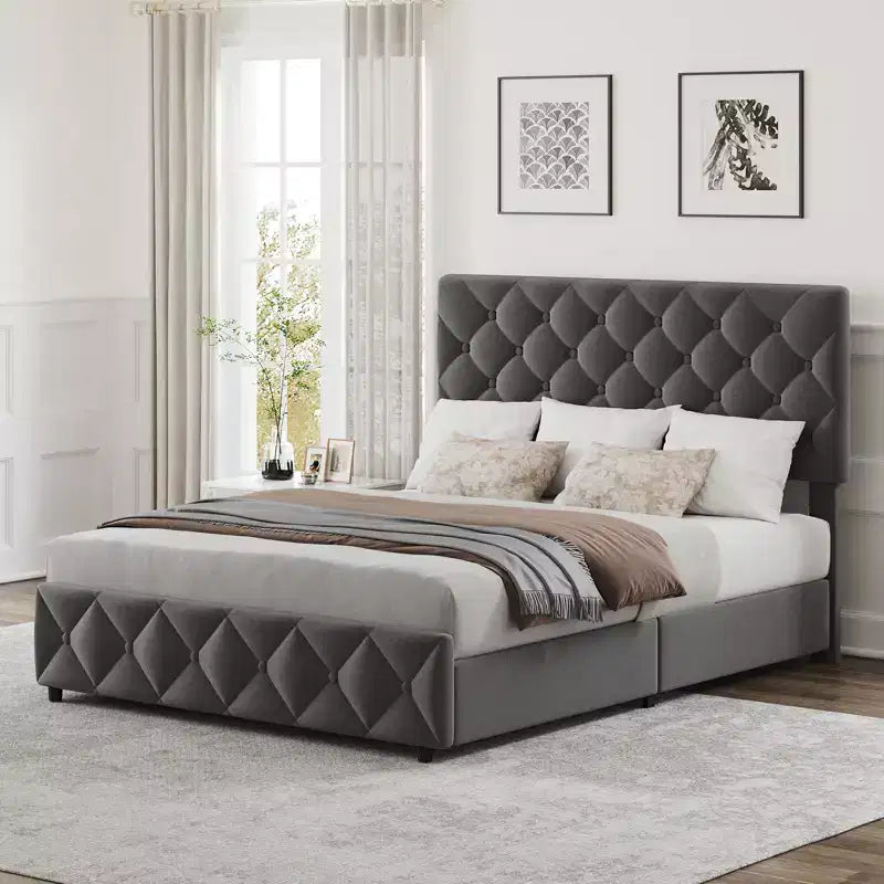Modern Upholstered Bed Frame with Footboard, Adjustable Headboard, 4 Drawers Wooden and Slats Support