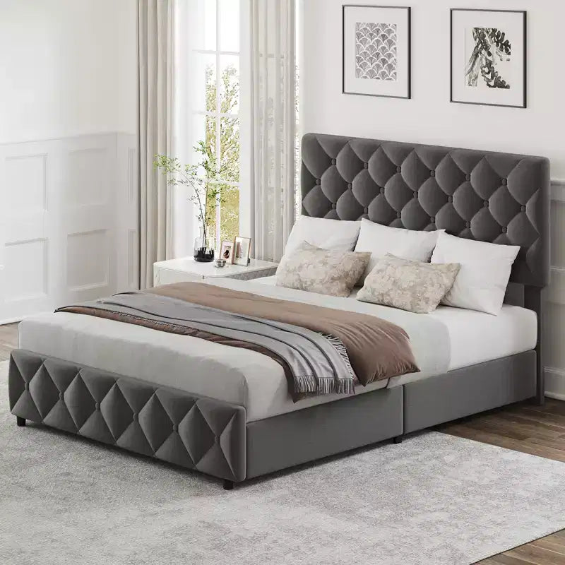 Modern Upholstered Bed Frame with Footboard, Adjustable Headboard, 4 Drawers Wooden and Slats Support