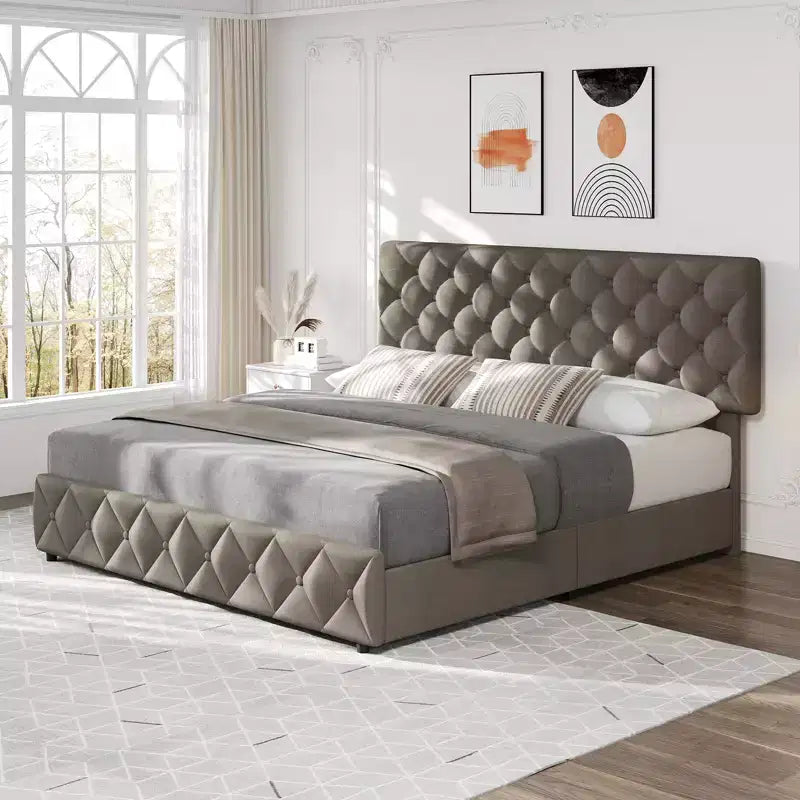 Modern Upholstered Bed Frame with Footboard, Adjustable Headboard, 4 Drawers Wooden and Slats Support