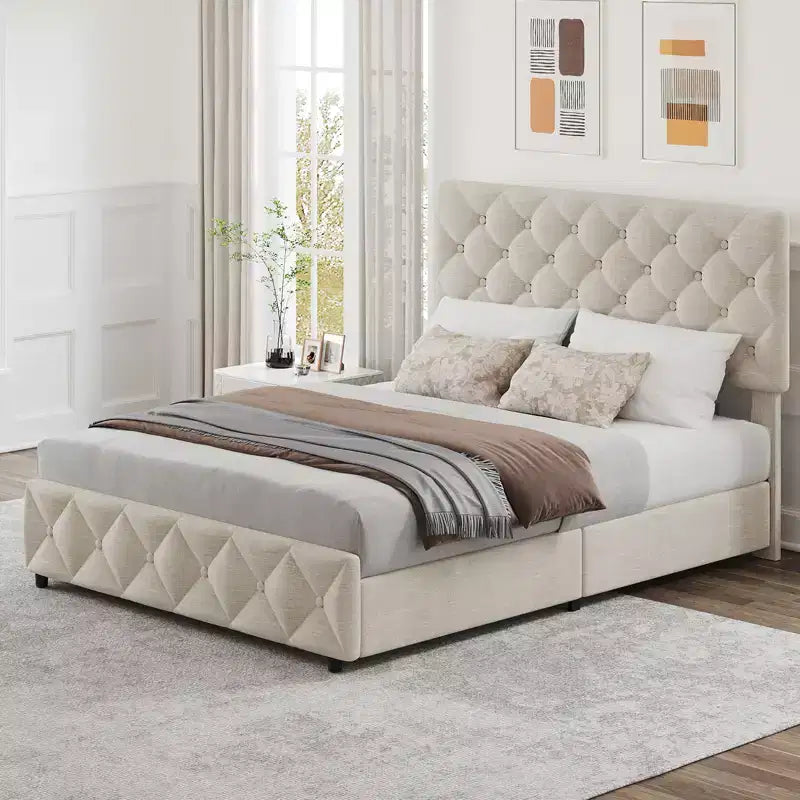 Modern Upholstered Bed Frame with Footboard, Adjustable Headboard, 4 Drawers Wooden and Slats Support