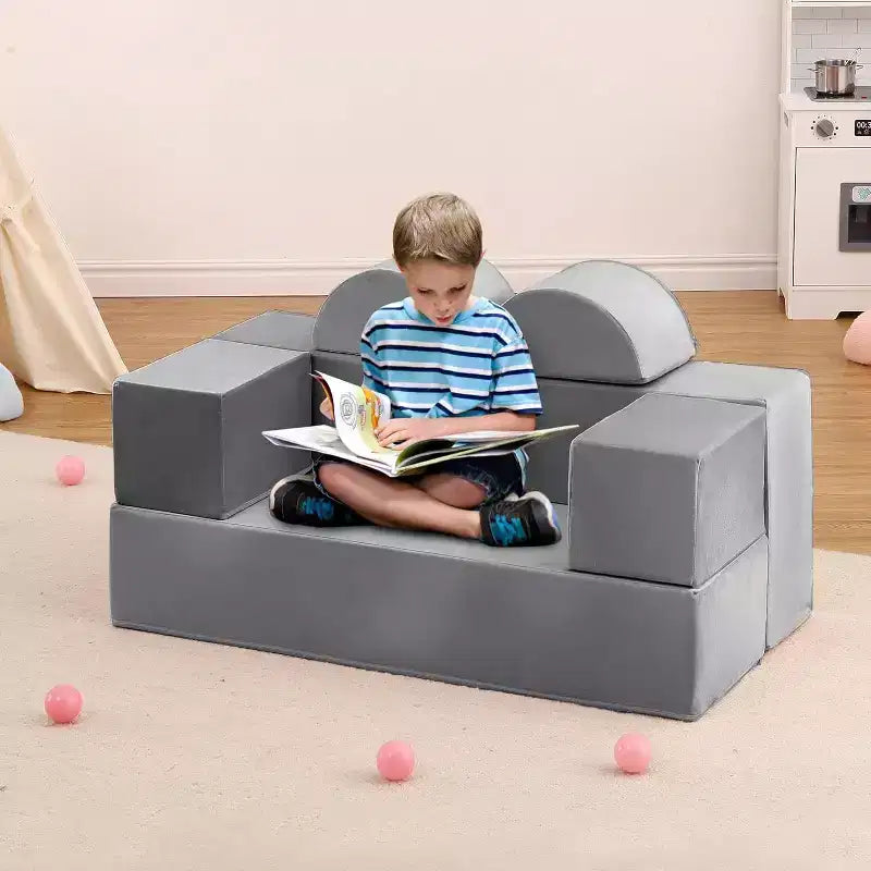 Acekool Kids Modular Play Couch, 6-Piece Foam Toddler Sofa with Removable Microvelvet Cover, Reading Pockets