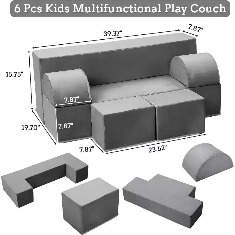 Acekool Kids Modular Play Couch, 6-Piece Foam Toddler Sofa with Removable Microvelvet Cover, Reading Pockets