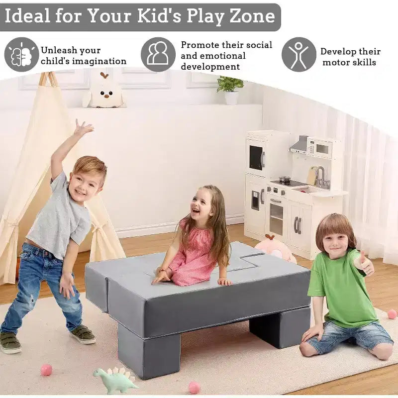 Acekool Kids Modular Play Couch, 6-Piece Foam Toddler Sofa with Removable Microvelvet Cover, Reading Pockets