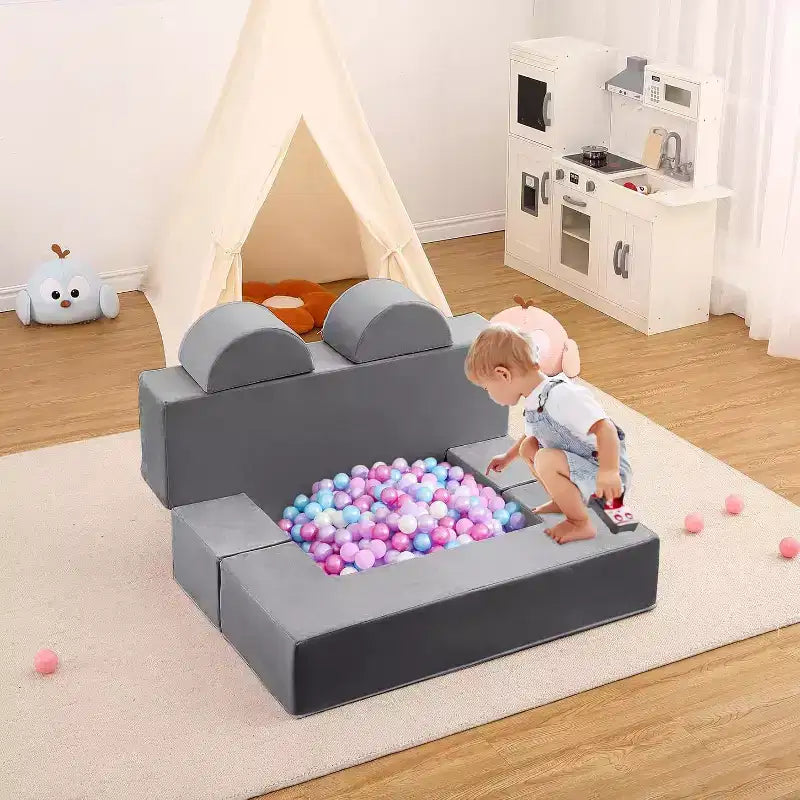 Acekool Kids Modular Play Couch, 6-Piece Foam Toddler Sofa with Removable Microvelvet Cover, Reading Pockets