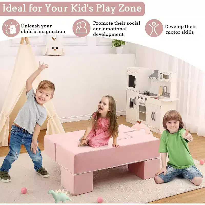 Acekool Kids Modular Play Couch, 6-Piece Foam Toddler Sofa with Removable Microvelvet Cover, Reading Pockets