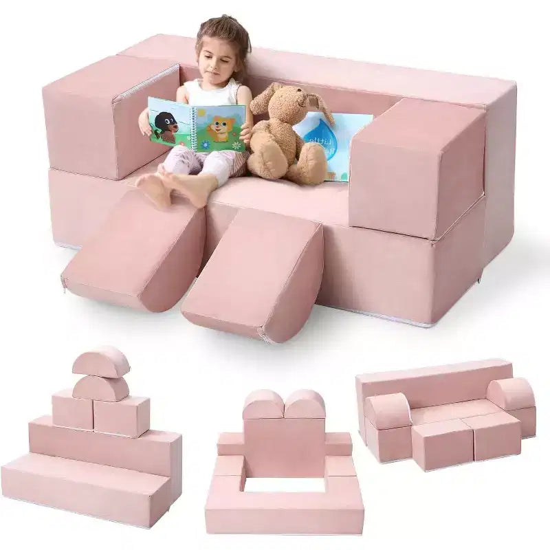 Acekool Kids Modular Play Couch, 6-Piece Foam Toddler Sofa with Removable Microvelvet Cover, Reading Pockets