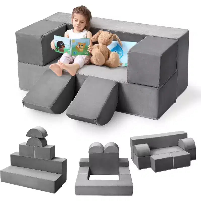Acekool Kids Modular Play Couch, 6-Piece Foam Toddler Sofa with Removable Microvelvet Cover, Reading Pockets