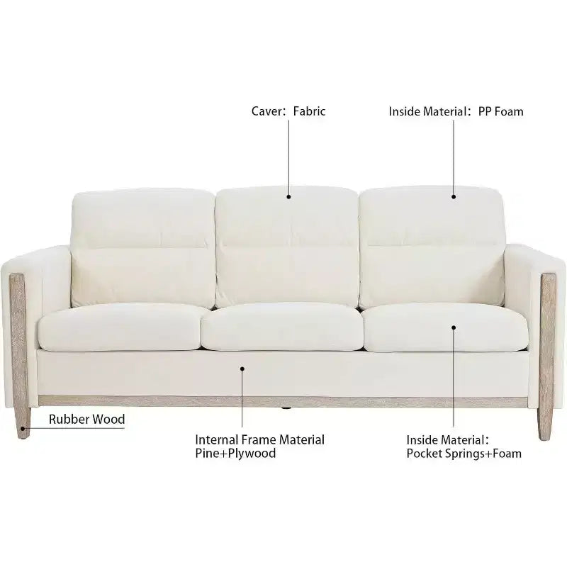 Acekool 79.5 Modern 3-Seater Sofa, Cushioned Couch with Armrests & Side Pocket, Wood Legs for Living Room, Home Office, Apartment, Beige