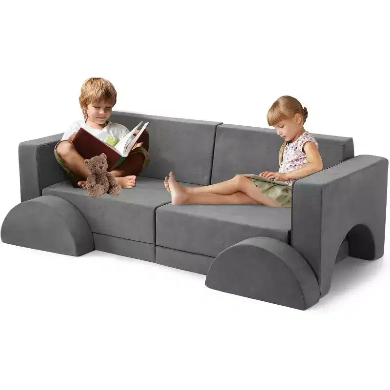 Acekool Kids Modular Sofa, 8-Piece Play Couch Set, Convertible Foam Sofa for Bedroom & Playroom, Washable, Gray