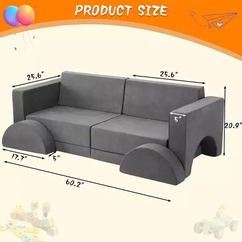 Acekool Kids Modular Sofa, 8-Piece Play Couch Set, Convertible Foam Sofa for Bedroom & Playroom, Washable, Gray