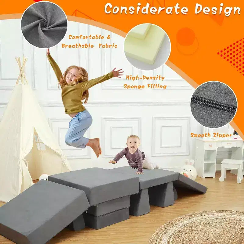 Acekool Kids Modular Sofa, 8-Piece Play Couch Set, Convertible Foam Sofa for Bedroom & Playroom, Washable, Gray