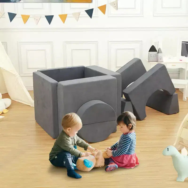 Acekool Kids Modular Sofa, 8-Piece Play Couch Set, Convertible Foam Sofa for Bedroom & Playroom, Washable, Gray
