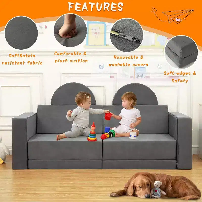 Acekool Kids Modular Sofa, 8-Piece Play Couch Set, Convertible Foam Sofa for Bedroom & Playroom, Washable, Gray