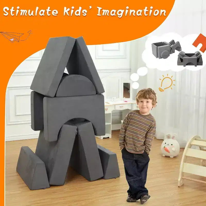 Acekool Kids Modular Sofa, 8-Piece Play Couch Set, Convertible Foam Sofa for Bedroom & Playroom, Washable, Gray