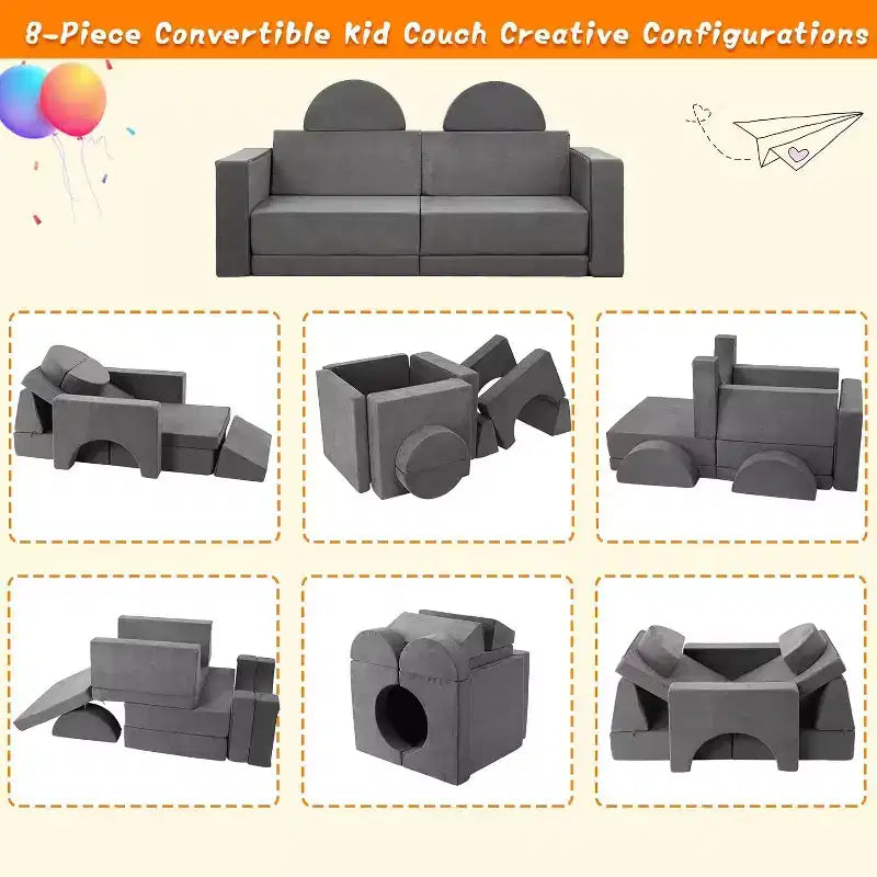 Acekool Kids Modular Sofa, 8-Piece Play Couch Set, Convertible Foam Sofa for Bedroom & Playroom, Washable, Gray