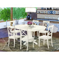 HomeStock Belmont 7 Pc Dining set with a Kitchen Table and 6 Wood Seat Kitchen Chairs in Linen White