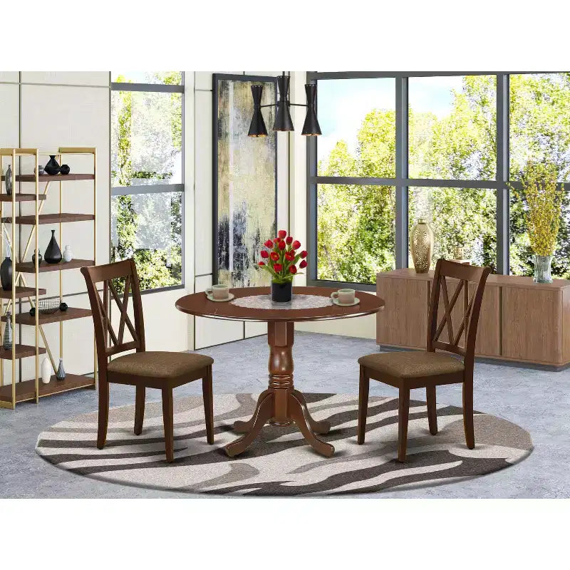 HomeStock Belmont 3Pc Dinette Set Includes a Rounded Kitchen Table with Drop Leaves and Two Double X Back Linen Seat Dining Chairs, Mahogany Finish
