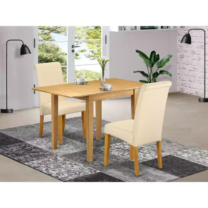 HomeStock Belmont Dining Set 3 Pc - 2 Dining Room Chairs and a Breakfast Table - Oak Finish Wood - Light Baige Color Linen Fabric