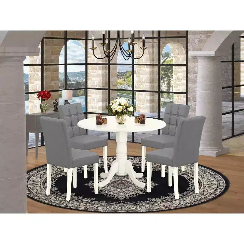 HomeStock Belmont 5 Piece Dining Table Set Includes a Round Dining Table with Dropleaf and 4 Chairs, Linen White