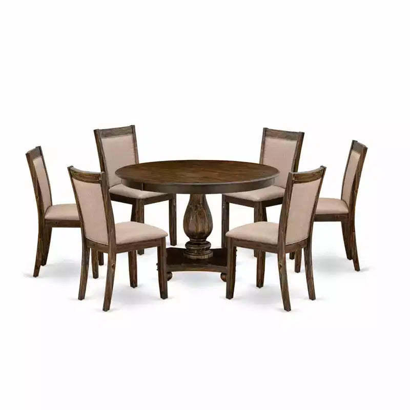 HomeStock Belmont 7 Piece Dinner Table Set Includes a Dining Table , 6 Dark Khaki Linen Fabric Dining Chairs , High Back - Distressed Jacobean Finish
