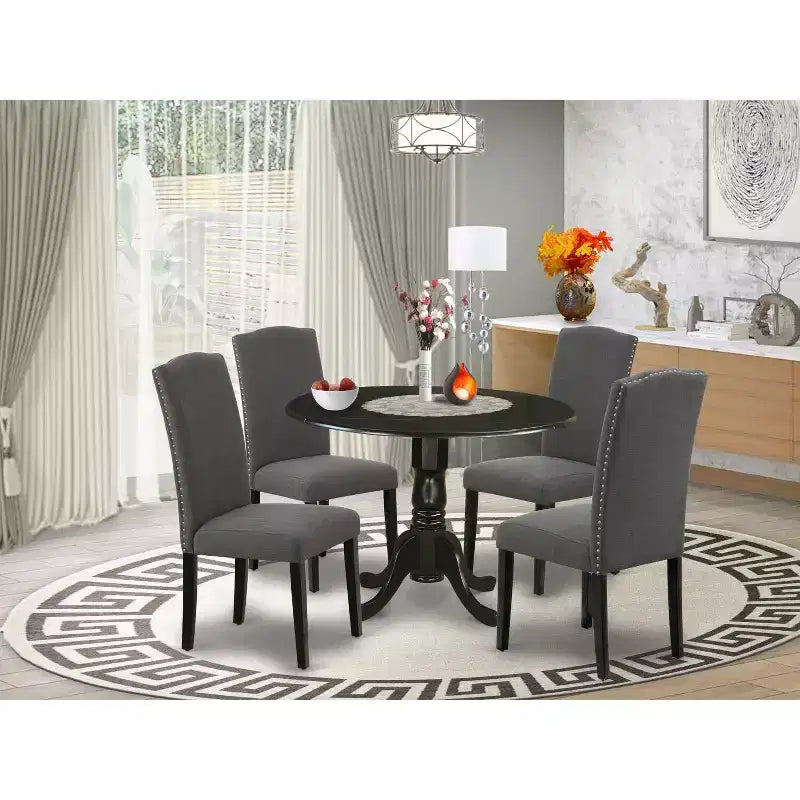 HomeStock Belmont 5 Piece Dining Set Round Dining Room Table with Dropleaf and 4 Dark Gotham Linen Fabric Upholstered Parson Chairs, 42x42 Inch, Black