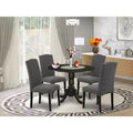 HomeStock Belmont 5 Piece Dining Set Round Dining Room Table with Dropleaf and 4 Dark Gotham Linen Fabric Upholstered Parson Chairs, 42x42 Inch, Black