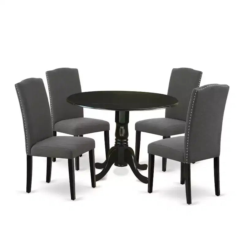 HomeStock Belmont 5 Piece Dining Set Round Dining Room Table with Dropleaf and 4 Dark Gotham Linen Fabric Upholstered Parson Chairs, 42x42 Inch, Black