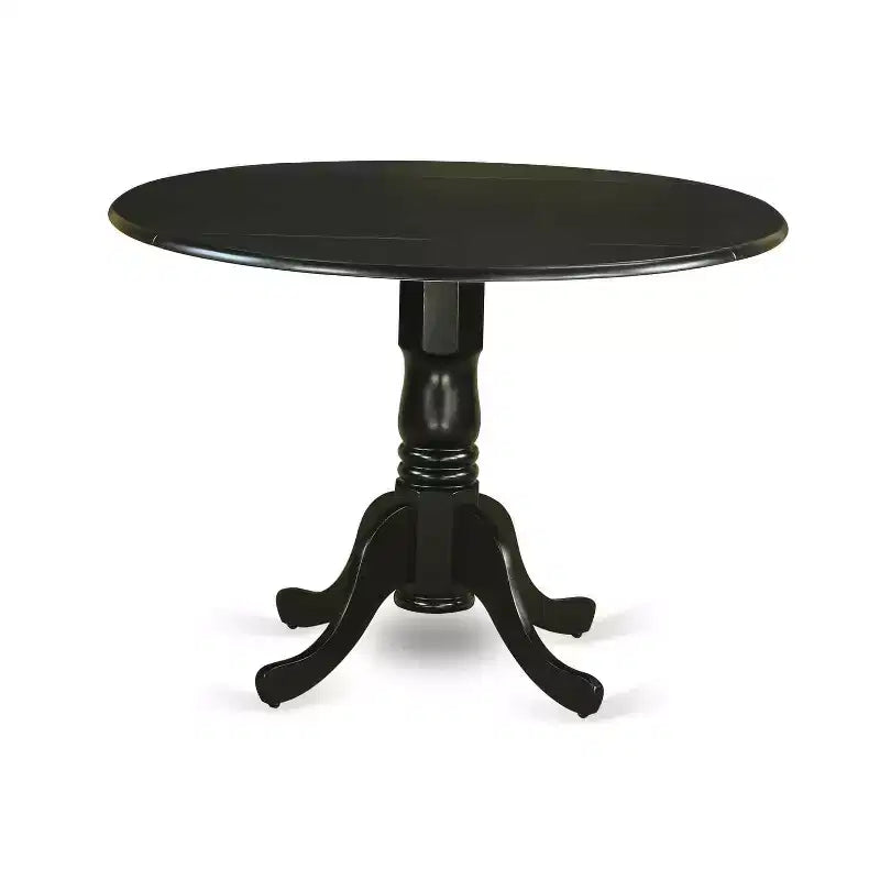 HomeStock Belmont 5 Piece Dining Set Round Dining Room Table with Dropleaf and 4 Dark Gotham Linen Fabric Upholstered Parson Chairs, 42x42 Inch, Black