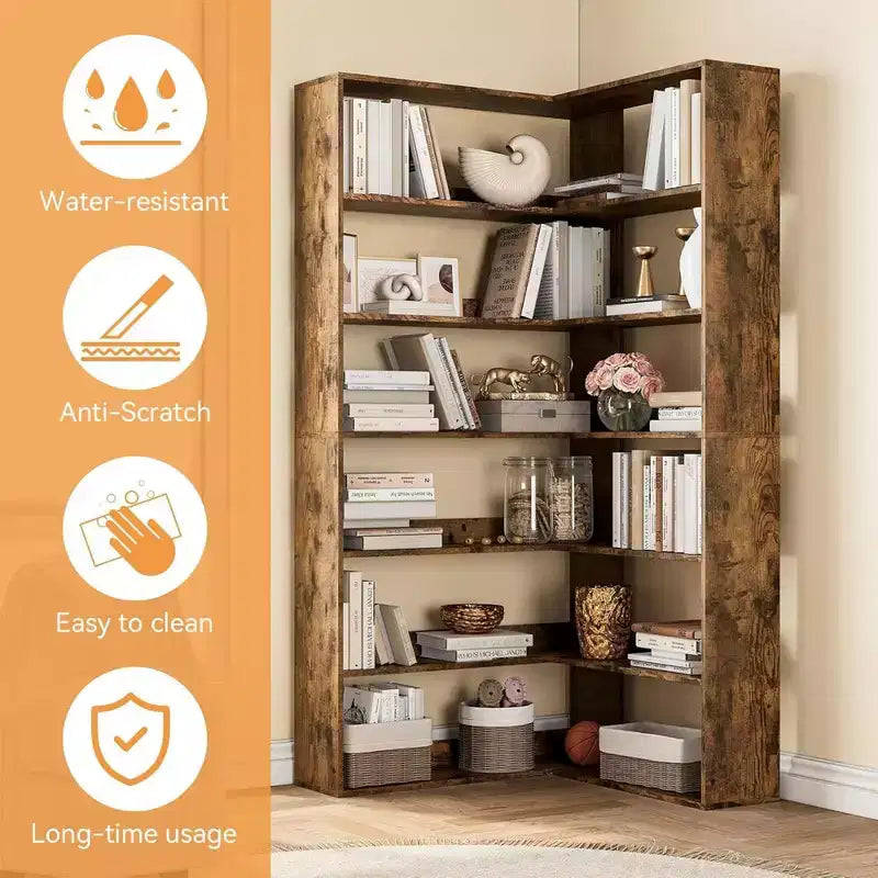 Industrial Corner Bookcase - 6-Tier Heavy Duty L-Shaped Storage Unit with Baffles & Wood Shelves, 80lb/Shelf Capacity for Home Office