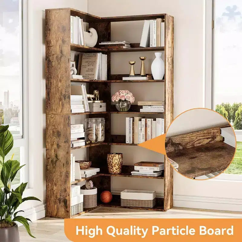 Industrial Corner Bookcase - 6-Tier Heavy Duty L-Shaped Storage Unit with Baffles & Wood Shelves, 80lb/Shelf Capacity for Home Office