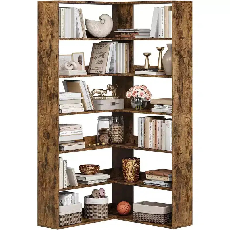 Industrial Corner Bookcase - 6-Tier Heavy Duty L-Shaped Storage Unit with Baffles & Wood Shelves, 80lb/Shelf Capacity for Home Office