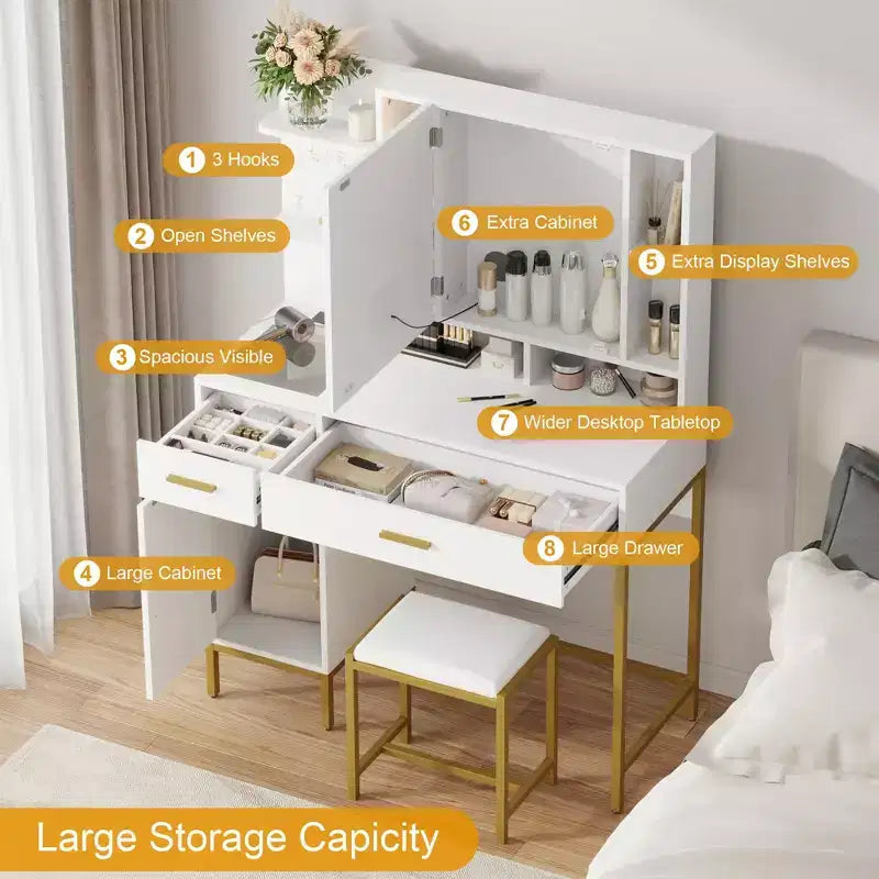 Makeup Vanity with Power Outlet, Vanity Desk with Mirror and Lights, Makeup Vanity Table with 2 Drawers, 9 Open Shelves& 2 Cabinets, Dressing Table