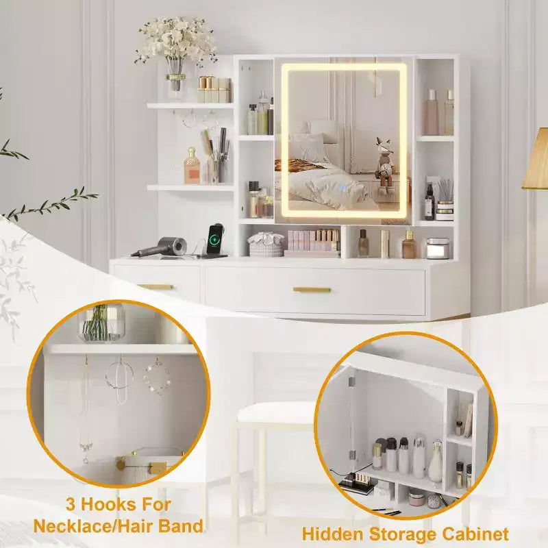 Makeup Vanity with Power Outlet, Vanity Desk with Mirror and Lights, Makeup Vanity Table with 2 Drawers, 9 Open Shelves& 2 Cabinets, Dressing Table