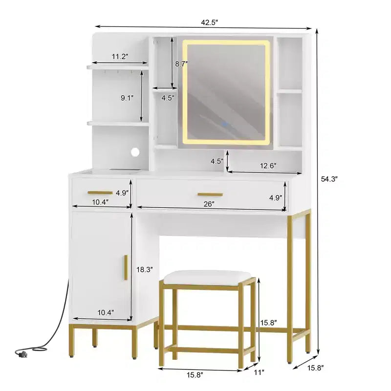 Makeup Vanity with Power Outlet, Vanity Desk with Mirror and Lights, Makeup Vanity Table with 2 Drawers, 9 Open Shelves& 2 Cabinets, Dressing Table