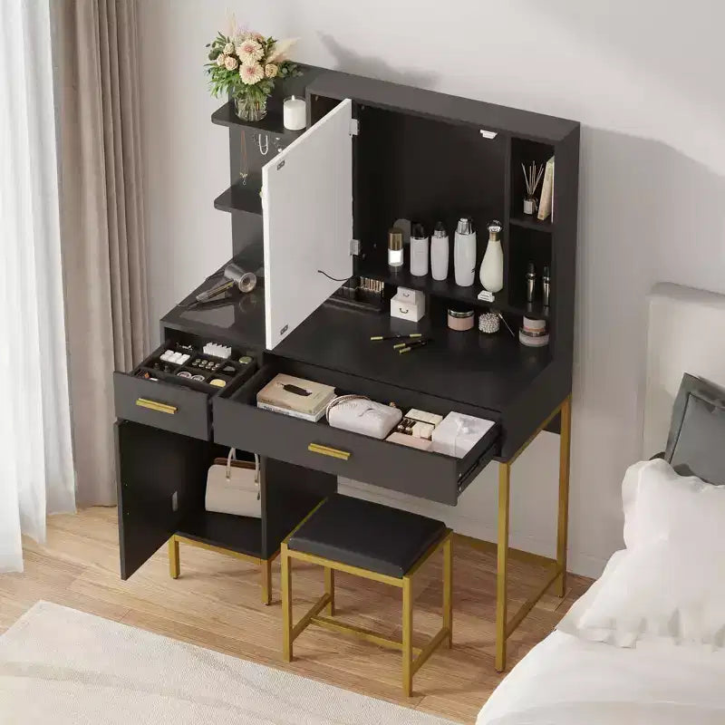 Makeup Vanity with Power Outlet, Vanity Desk with Mirror and Lights, Makeup Vanity Table with 2 Drawers, 9 Open Shelves& 2 Cabinets, Dressing Table