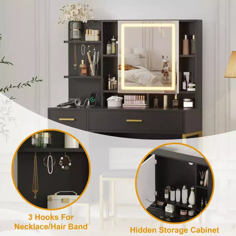 Makeup Vanity with Power Outlet, Vanity Desk with Mirror and Lights, Makeup Vanity Table with 2 Drawers, 9 Open Shelves& 2 Cabinets, Dressing Table