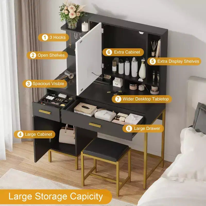 Makeup Vanity with Power Outlet, Vanity Desk with Mirror and Lights, Makeup Vanity Table with 2 Drawers, 9 Open Shelves& 2 Cabinets, Dressing Table