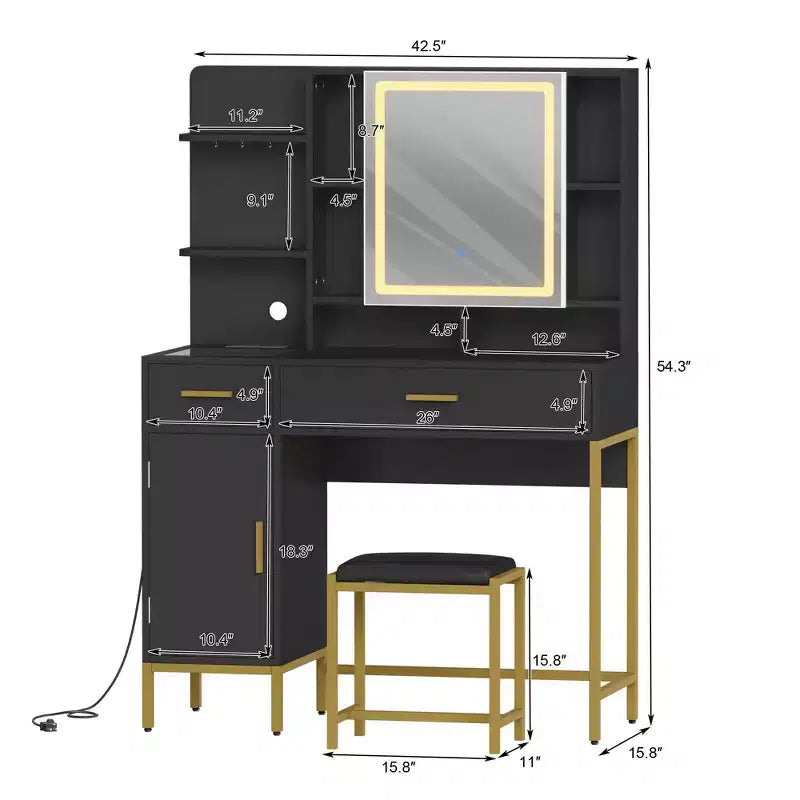 Makeup Vanity with Power Outlet, Vanity Desk with Mirror and Lights, Makeup Vanity Table with 2 Drawers, 9 Open Shelves& 2 Cabinets, Dressing Table