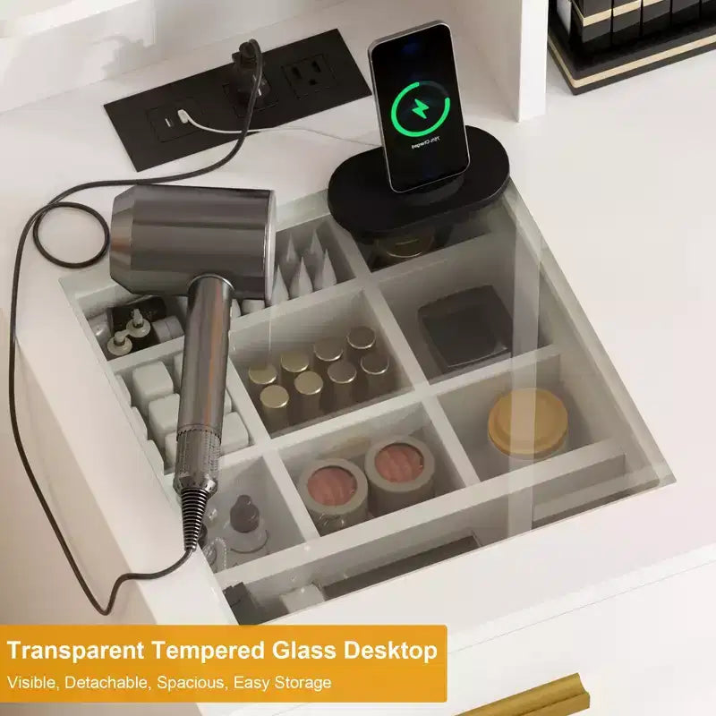 Makeup Vanity with Power Outlet, Vanity Desk with Mirror and Lights, Makeup Vanity Table with 2 Drawers, 9 Open Shelves& 2 Cabinets, Dressing Table